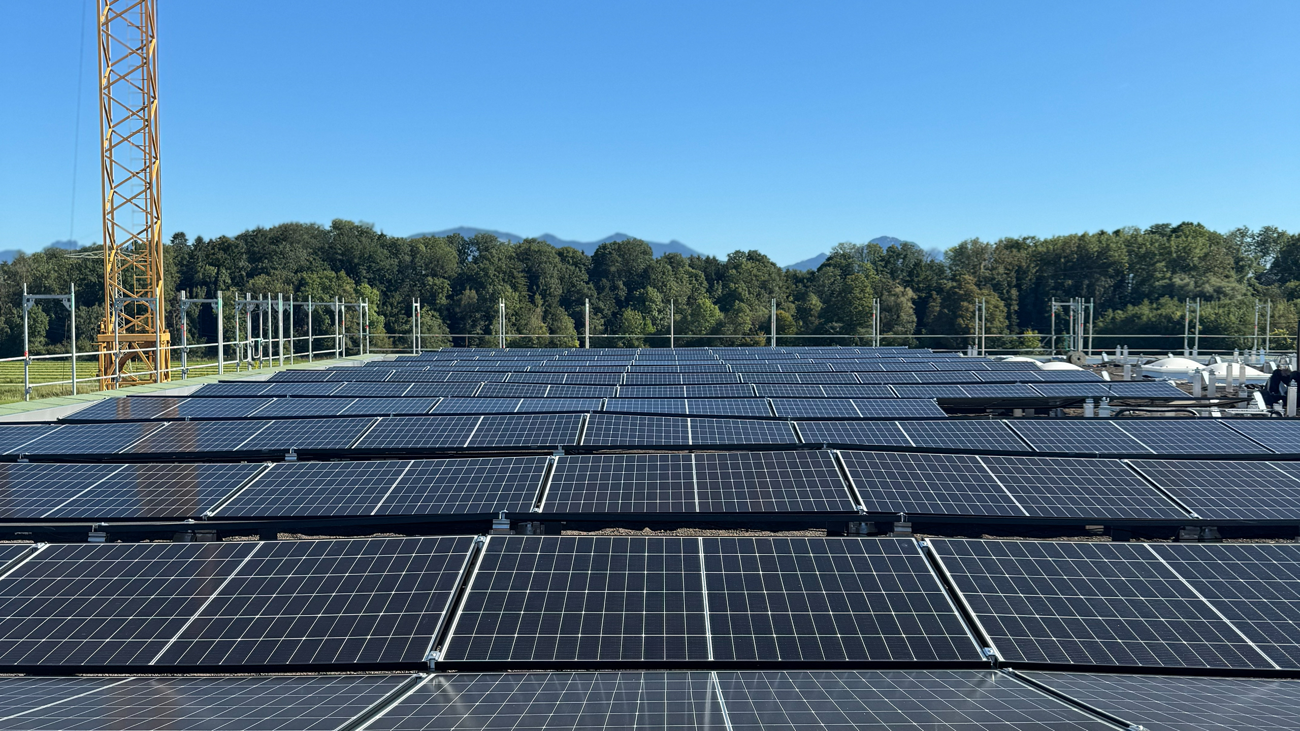 Gewerbekunden_PV-Systeme Eine große Fläche flach montierter Photovoltaikmodule auf einem Gebäude eines Gewerbekunde. Im Hintergrund stehen Bäume und Berge unter klarem Himmel.