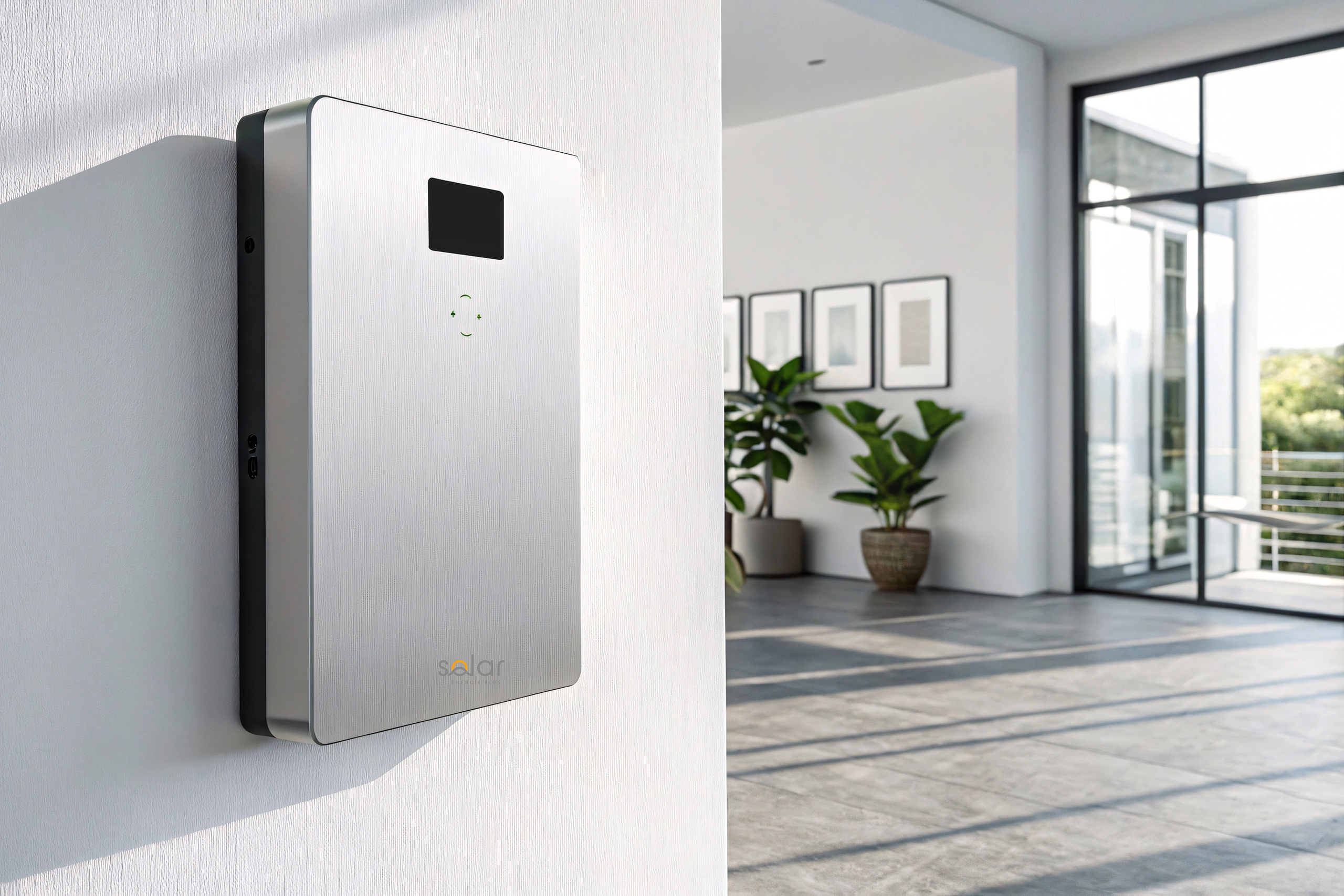 Privatkunden_Batteriespeichersysteme_1 Eine wandmontierte Batteriespeichereinheit für Privatkunden in einem modernen Wohnraum. Große Fenster und Pflanzen prägen den offenen Innenbereich.