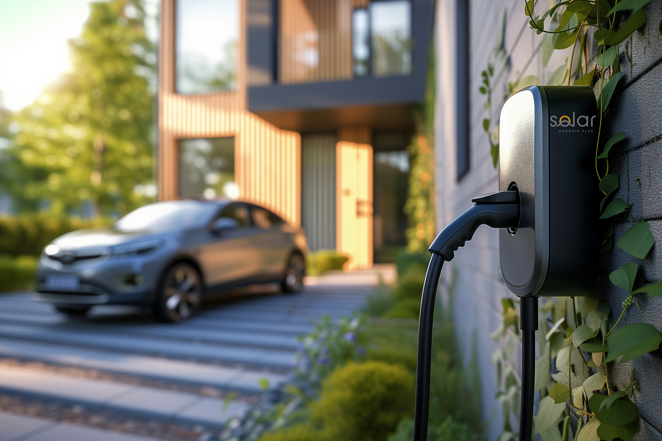Privatkunden_Ladeinfrastruktur_Wallbox Eine Wallbox für Privatkunden an der Außenwand eines modernen Wohnhauses. Im Hintergrund steht ein geparktes Elektroauto in der Einfahrt.