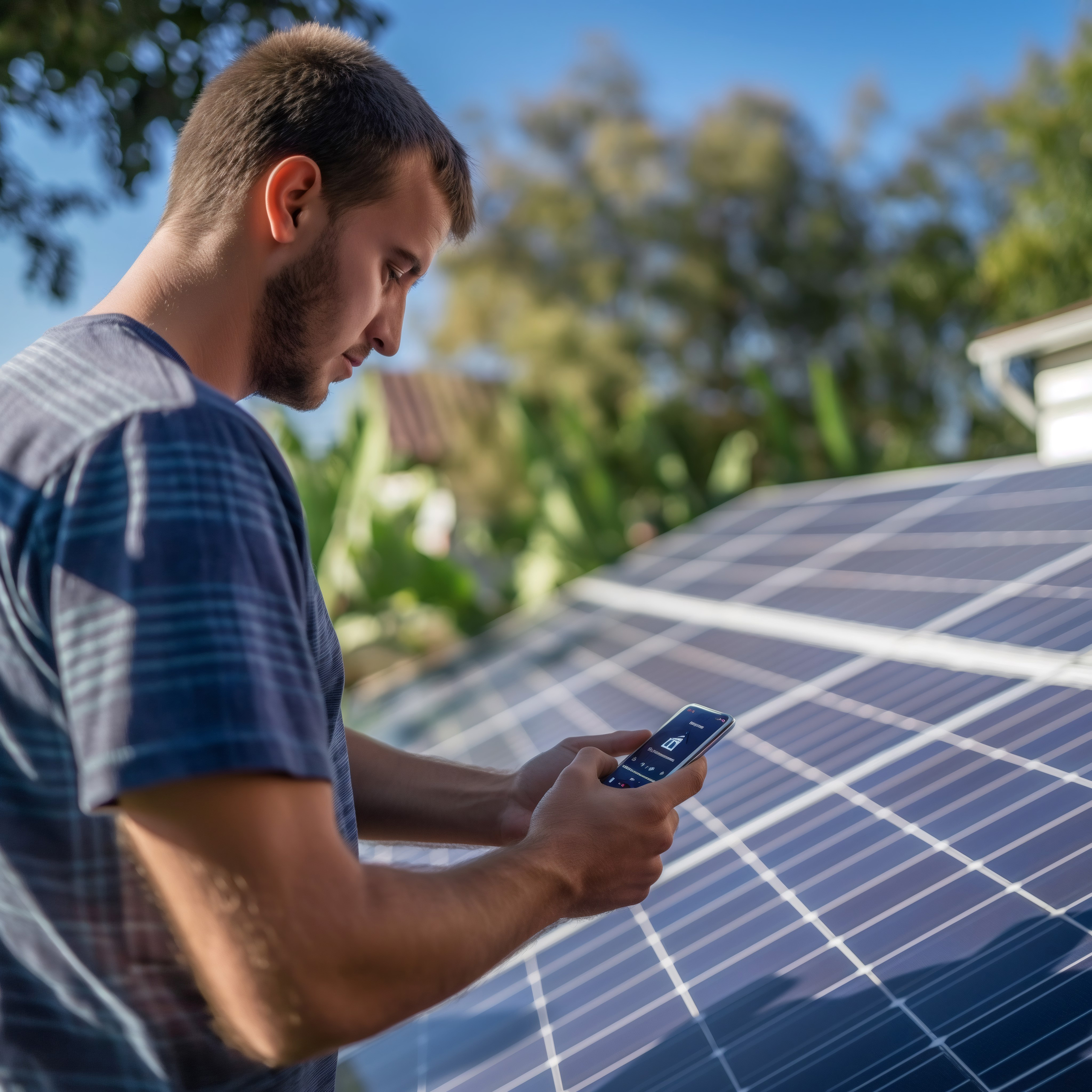 Privatkunden_Photovoltaik_Energiemanagementsysteme Ein Mann überprüft ein Photovoltaik-Energiemanagementsystem per Smartphone neben einer Solaranlage. Bäume und ein Wohngebäude bilden den Hintergrund.