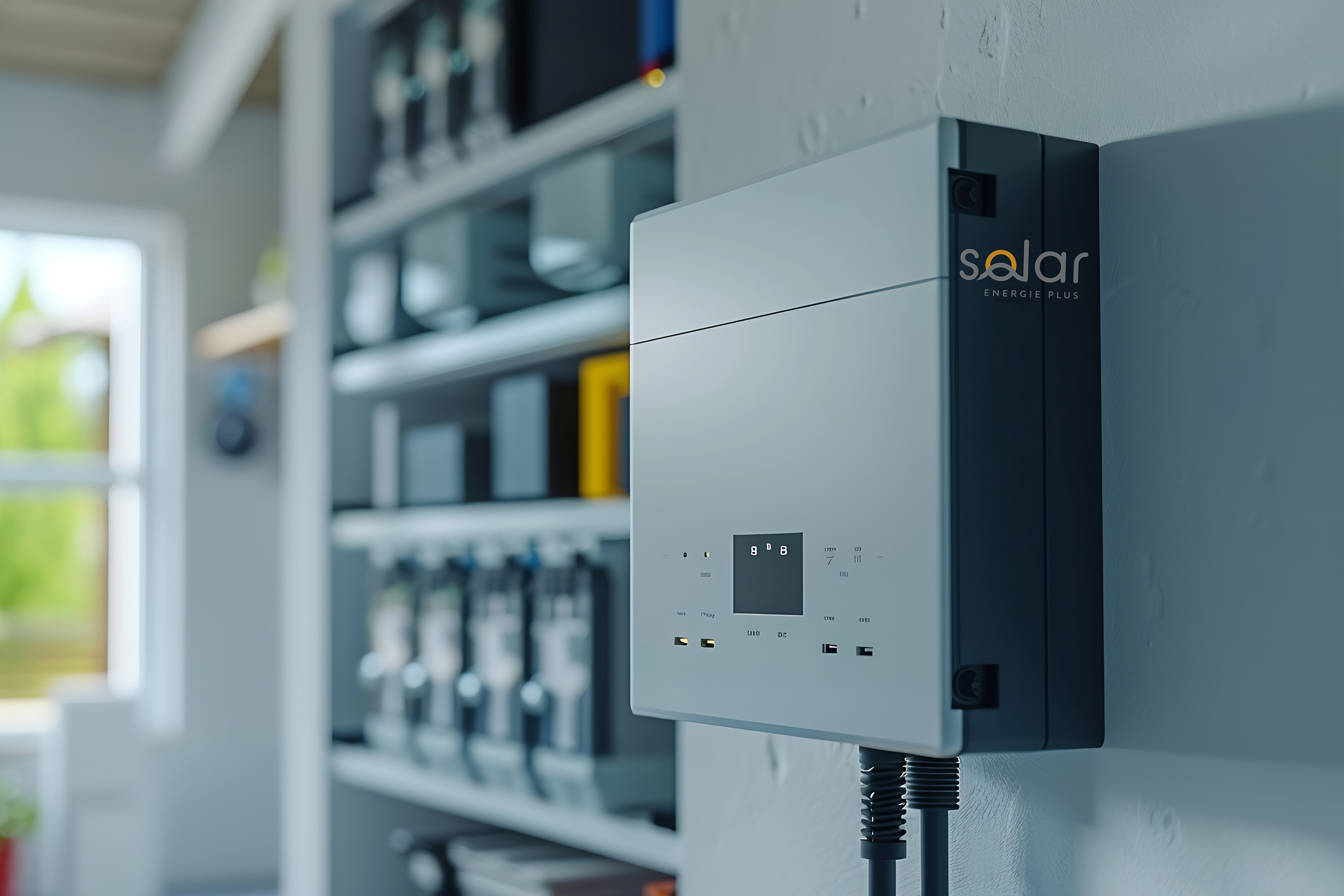 Privatkunden_Photovoltaik_Wechselrichter Ein kompakter Photovoltaik-Wechselrichter für Privatkunden an der Wand eines Hauswirtschaftsraums. Regale mit technischem Zubehör stehen im Hintergrund.