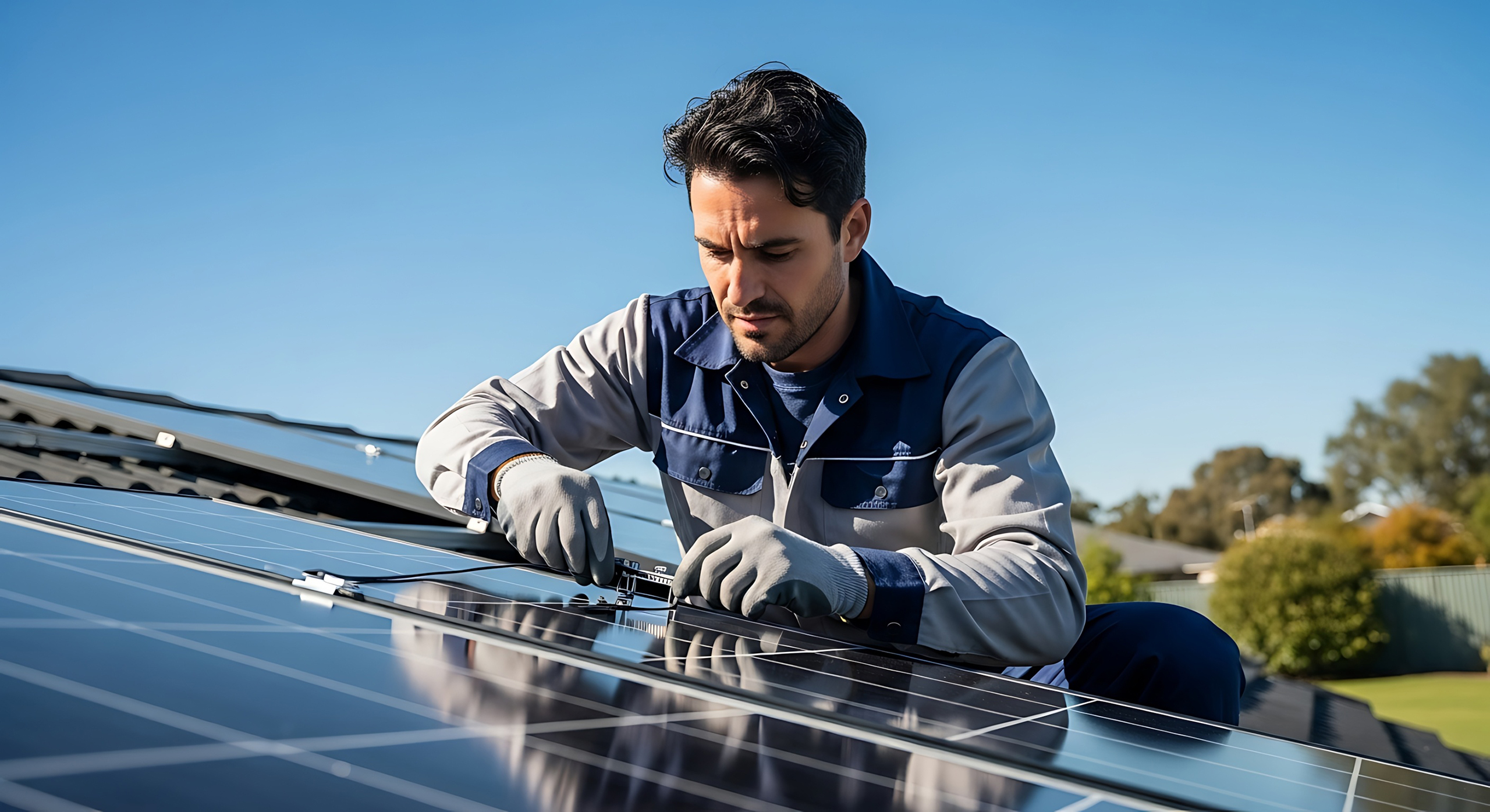 Privatkunden_Service-Wartung Ein Techniker führt Wartungsarbeiten an einem Photovoltaikmodul durch. Im Hintergrund befinden sich Bäume und ein klarer Himmel.