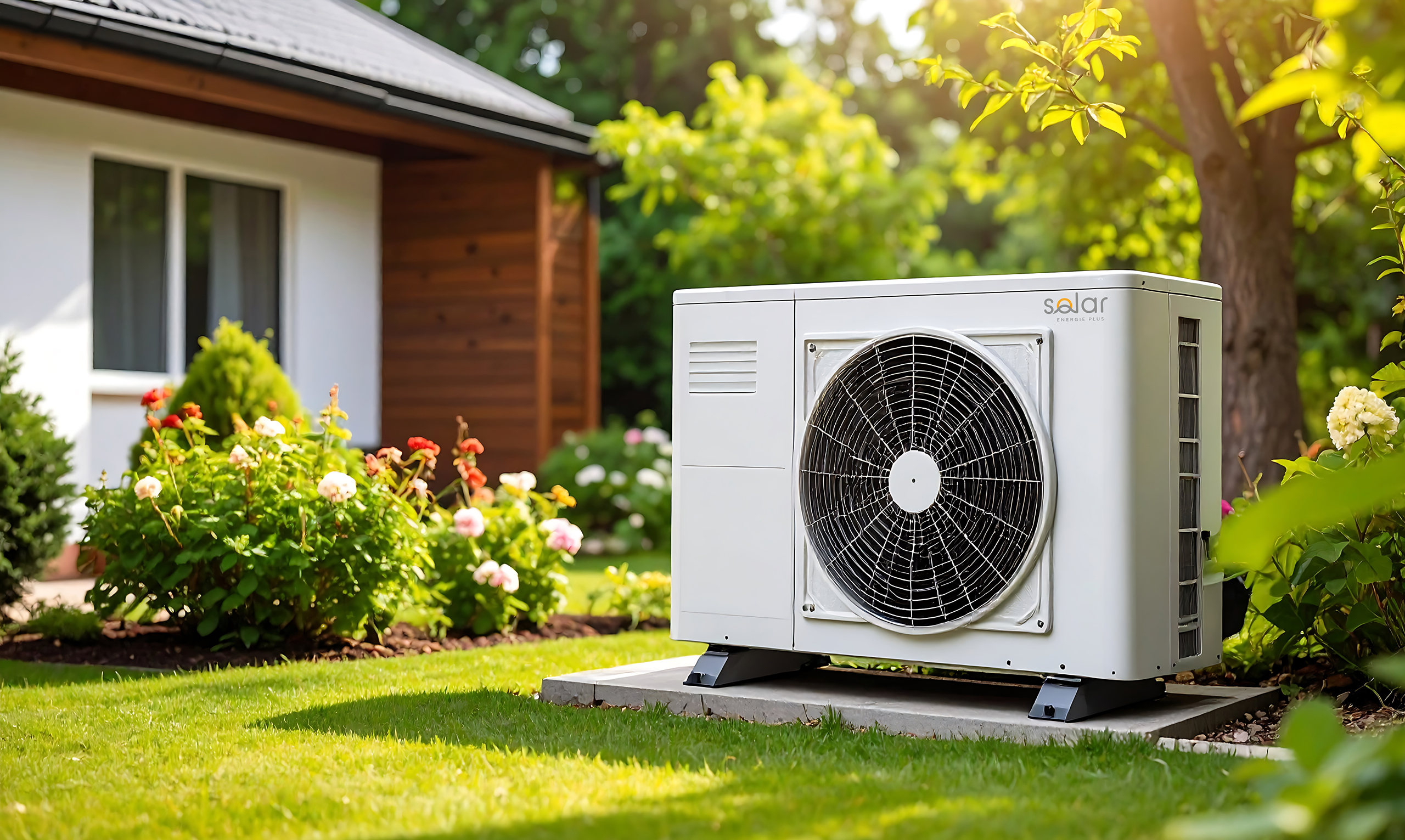 Privatkunden_Waermepumpe Eine weiße Wärmepumpe für Privatkunden im Garten eines Wohnhauses. Blühende Pflanzen und Rasenflächen umgeben das Gerät.